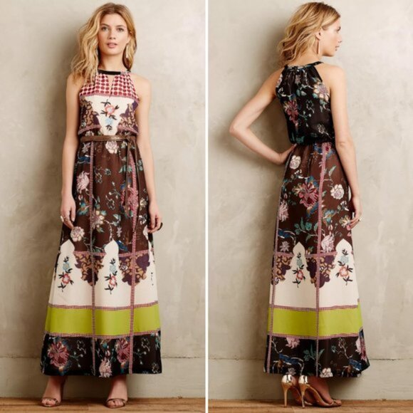 Anthropologie Dresses & Skirts - Anthropologie Vineet Bahl Garden Collage Maxi Dress Size 6 Brown Motif Embroider
